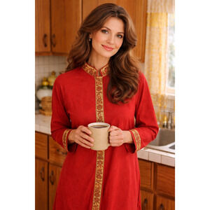 Vintage 70s Katz Snap Coat Robe Kaftan Lounge Dress Red Long Sleeve Mock Neck M